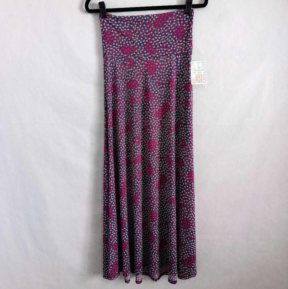 LuLaRoe Purple Maxi Skirt With Teal And Pink Hearts NWT Women's XS